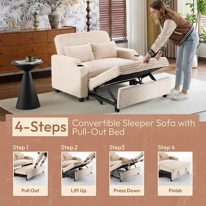 VINGLI Beige Futon Sofa Bed Convertible Loveseat Sleeper Sofa Couch, Corduroy Pullout Sofa Fold Out Couch Bed with USB Ports, Cup Holders, Armrest for Living Room, Bedroom Apartment Room