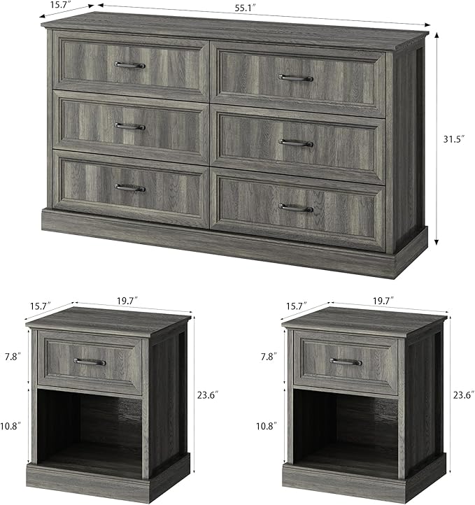 CARPETNAL Farmhouse Dresser and Nightstand Sets for Bedroom, 3 Pcs Bedroom Set, 6 Drawer Dresser & Nightstand Set of 2, Modern Wood Chest of Drawers for Bedroom, Living Room, Entryway, Grey