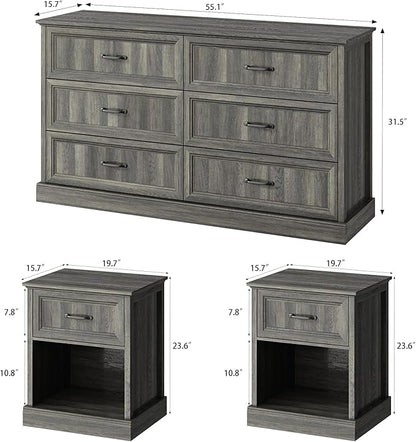 CARPETNAL Farmhouse Dresser and Nightstand Sets for Bedroom, 3 Pcs Bedroom Set, 6 Drawer Dresser & Nightstand Set of 2, Modern Wood Chest of Drawers for Bedroom, Living Room, Entryway, Grey