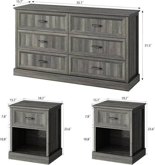 CARPETNAL Farmhouse Dresser and Nightstand Sets for Bedroom, 3 Pcs Bedroom Set, 6 Drawer Dresser & Nightstand Set of 2, Modern Wood Chest of Drawers for Bedroom, Living Room, Entryway, Grey