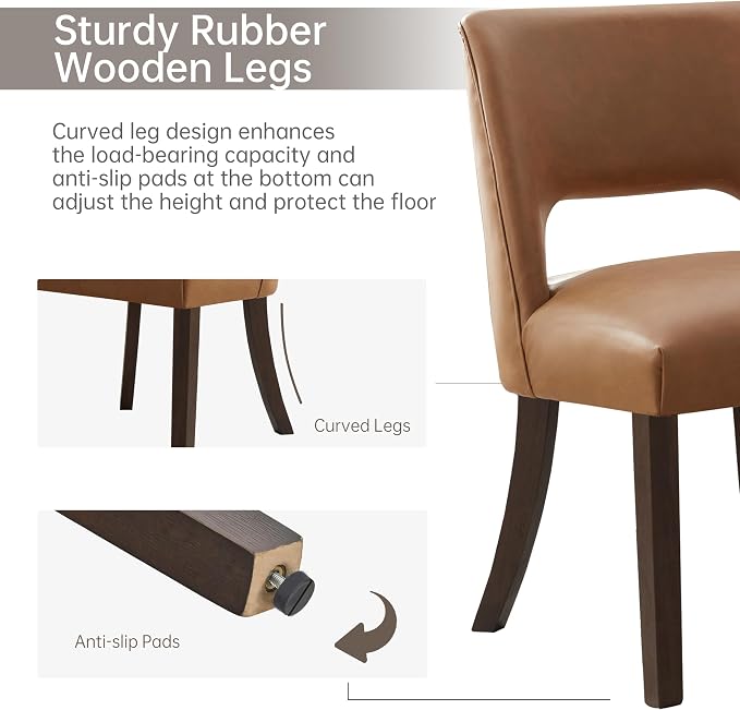 VKNOW Modern Dining Chairs Set of 4 with Rubberwood Legs, Brown | Faux Leather, Curved Back, For family, Kitchen Dining Room Restaurant Reception Room, No wobble, 80% pre-installed