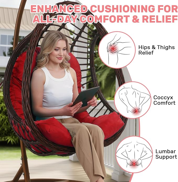 idee-home Egg Chair Cushion Replacement, Hanging Chair Cushion Outdoor | Cushions with Waterproof Cover for Wicker Patio Hammock Swing, Red (Swing Not Included)