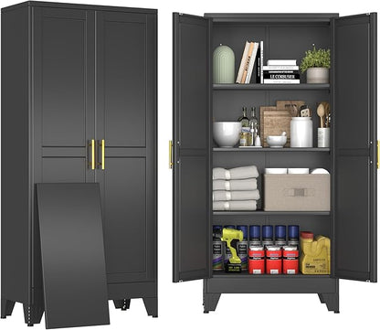 61" Black Metal Storage Cabinet with 2 Doors and 3 Adjustable Shelves,Steel Garage Tool Cabinet, File Cabinet,Kitchen Pantry Cabinet for Home,Office,Garage,School,Warehouse