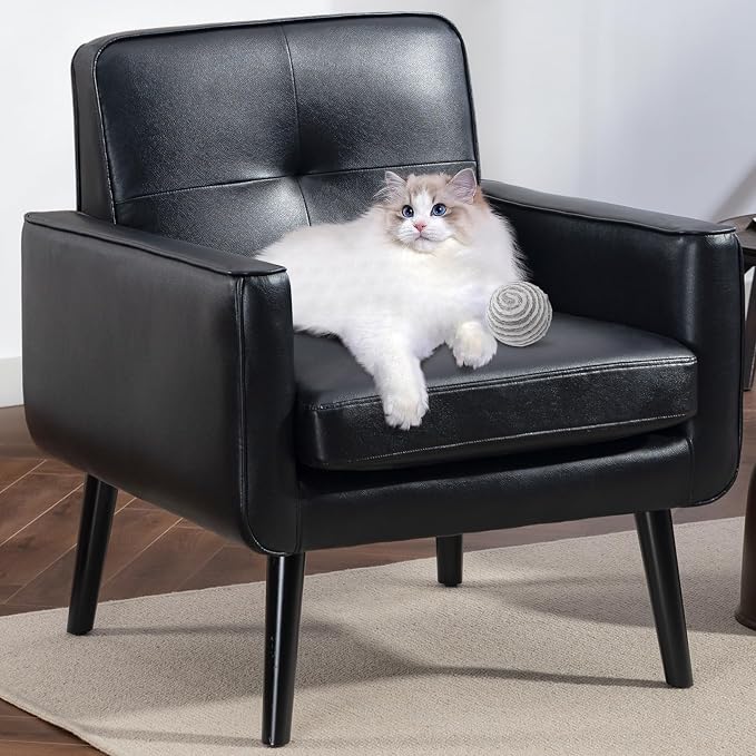 Vogue Furniture Direct Mid Century Accent Chair, PU Leather Modern Chair with Wooden Frame, Cozy Armchair Reading Chair with Comfy Back for Apartment, Living Room, Bedroom, Small Space, Corner, Black