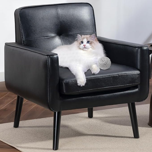 Vogue Furniture Direct Mid Century Accent Chair, PU Leather Modern Chair with Wooden Frame, Cozy Armchair Reading Chair with Comfy Back for Apartment, Living Room, Bedroom, Small Space, Corner, Black