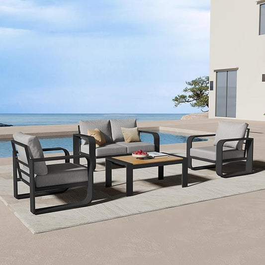 Oversized Aluminum Outdoor Furniture Set, Extra Large Patio Furniture Sofa Set 4.8” Widened Armrest & Ultra-Thick Cushions, 4 Pcs Modern Patio Sectional for Backyard, Deck, Gray