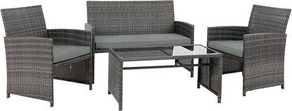 4 Piece Patio Ratten Set Outdoor Furniture Set Wicker Conversation Set with Cushions and Tempered Glass Tabletop,Grey