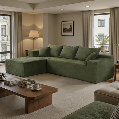 Boneless Couch, 102.4" Sectional Couches for Living Room with L Shape Sofa | Cloud Couch Sectional with Chaise, Modular Cloud Sofa with Deep Seat, No Assembly, Green, Corduroy, Left Chaise
