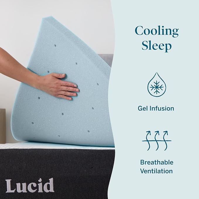 Lucid 2 Inch Memory Foam Mattress Topper, Twin XL Size – Cooling Gel Bed Topper – Pressure-Relieving Plush Feel – Ventilated Breathable Design – CertiPur Certified - Dorm Essentials