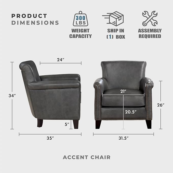 Lexicon 100% Top Grain Genuine Leather Chair, Leather Accent Chairs for Living Room, Solid Wood Frame, Rolled Armrest & Nailhead Trim, Comfy Reading for Bedroom, Office, Waiting Room, Classic Gray