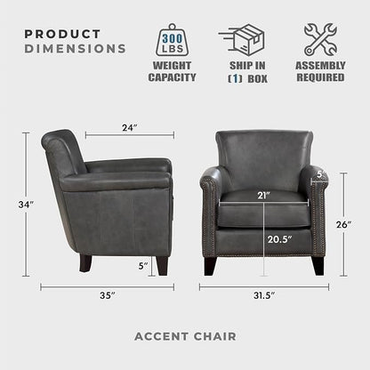 Lexicon 100% Top Grain Genuine Leather Chair, Leather Accent Chairs for Living Room, Solid Wood Frame, Rolled Armrest & Nailhead Trim, Comfy Reading for Bedroom, Office, Waiting Room, Classic Gray