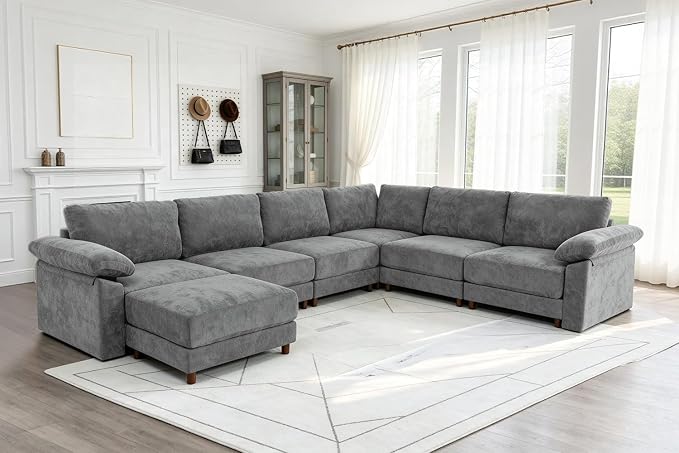 Oversized L Shaped Sectional Couch for Living Room, Extra Large Deep Seat Modular Sectional Sofa with Washable Covers, Modern Cloud Couch for Apartment, Bedroom (Light Gray, Corner V Shape 7 Seat)