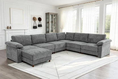 Oversized L Shaped Sectional Couch for Living Room, Extra Large Deep Seat Modular Sectional Sofa with Washable Covers, Modern Cloud Couch for Apartment, Bedroom (Light Gray, Corner V Shape 7 Seat)