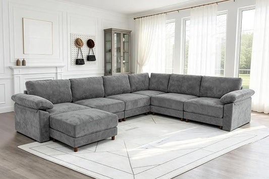 Oversized L Shaped Sectional Couch for Living Room, Extra Large Deep Seat Modular Sectional Sofa with Washable Covers, Modern Cloud Couch for Apartment, Bedroom (Light Gray, Corner V Shape 7 Seat)