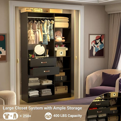 Armocity Freestanding Closet System, 40 Inches Stand-Alone Wardrobe with 10 Shelves, 80'' Height Adjustable Cloth Garment Rack with 2 Wood Drawers, Wood Walk-in Closet with Hanging Rod, Black