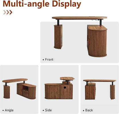 55" L Shaped Standing Desk with Storage, Oval Electric Desk Height Adjustable Executive Desk with File Drawer, Fluted Wood Desk Office Sit Stand up Desk for Work, Study, Writing, Walnut