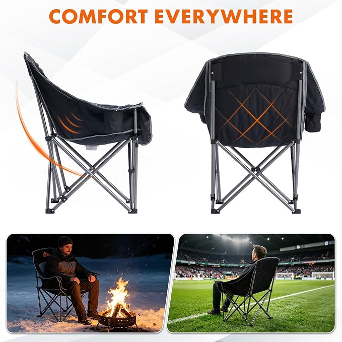 EMERIT Oversized Padded Camping Chairs, Heavy Duty 450 LBS Capacity Outdoor Folding Quad Chair with Cup Holder, Portable for Camping, Tailgating, Sports, Backyard & Patio, Black