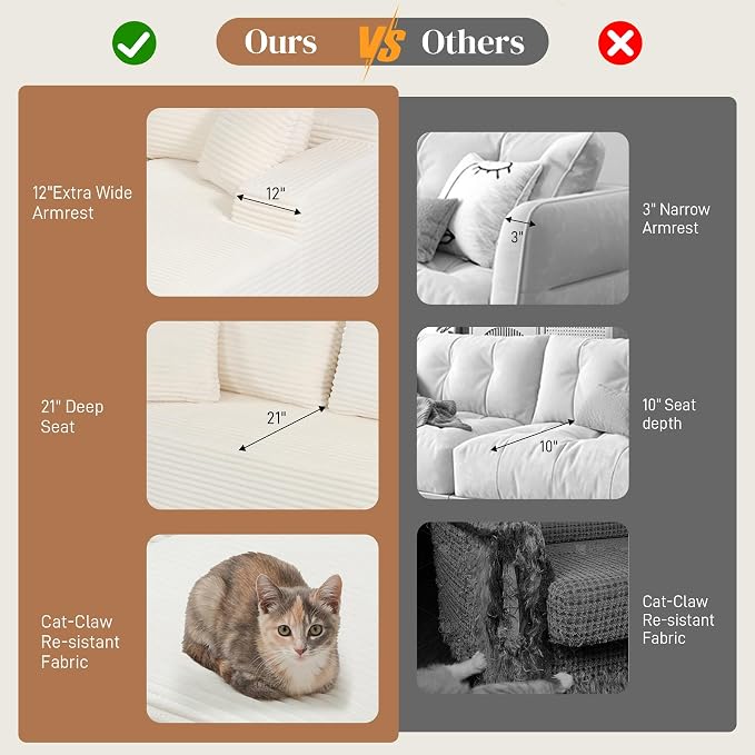 108" L Shaped Cloud Boneless Sectional Couches for Living Room, Modern Comfy Modular Deep Seat Memory Foam Compressed Corduroy Sofa Oversized Left Facing Chaise, No Assembly Required, White