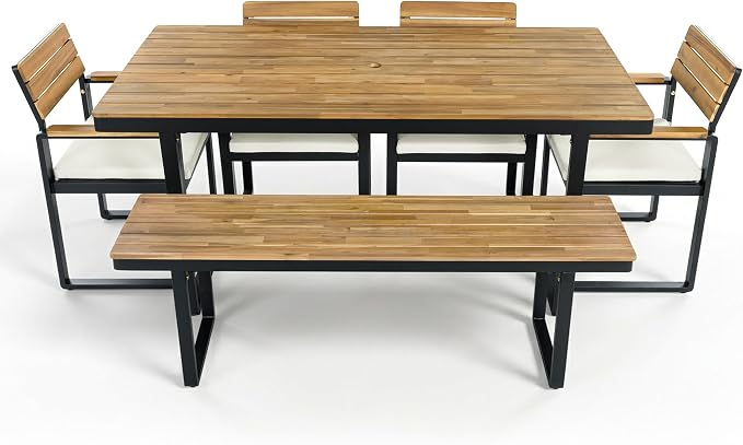 Quarte 6-Piece Outdoor Dining Set with 1 Acacia Wood Table and 4 Chairs & 1 Bench, Adjustable Feet for Patio, Garden, Backyard Family Meals BBQ Parties (Beige-AA)