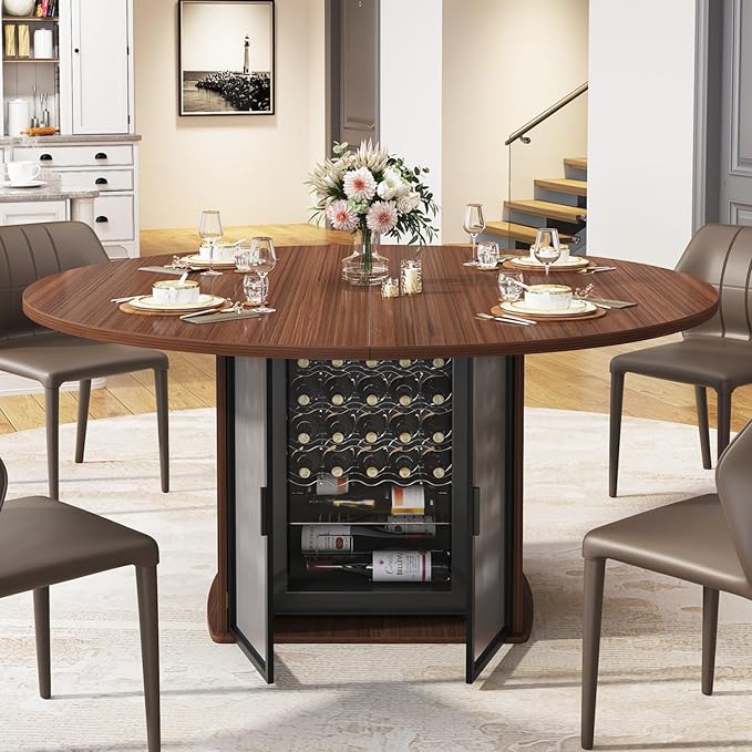 IBF 47" Round Dining Table for 4-6, Circle Kitchen Table with Storage Shelf, Circular Dining Room Tables with Fridge Space, Wood Dinner Tables for Home Kitchen, Walnut (Only Table)