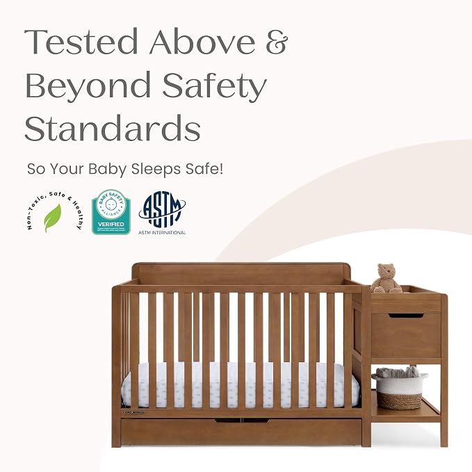 Delta Children Maya 5-in-1 Convertible Crib and Changer with Storage, Converts to Toddler Bed, Daybed, Sofa & Full Bed, Greenguard Gold Certified, 3 Mattress Heights for Baby, Chestnut