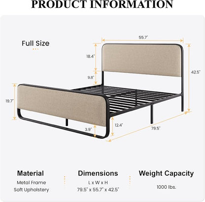 SHA CERLIN Full Size Platform Metal Bed Frame with Curved Upholstered Headboard and Footboard, Large Under Bed Storage, No Box Spring Needed, Modern, Beige