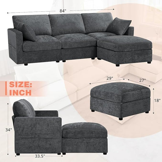 84” Chenille 3-Seats Sofa W/Movable Ottoman, Grey | Modern Fabric L-Shaped Couch w/Soft Backrests, Upholstered Sectional Sofa w/Arm Pillows for Living Room