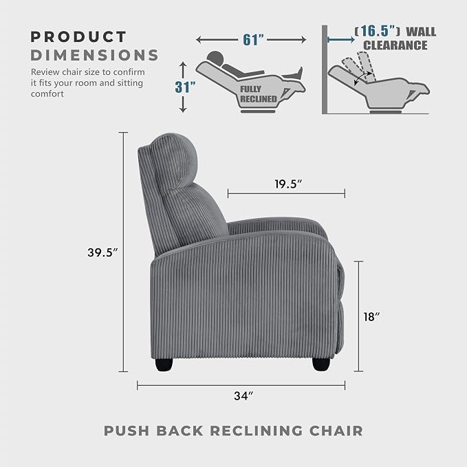 Lexicon Corduroy Pushback Recliner Chair Armchair Push Back Recliner, Solid Wood Frame and Metal Base, Easy Assembly Small Soft Single Sofa Accent Chair for Living Room/Office/Apartment, Dark Grey