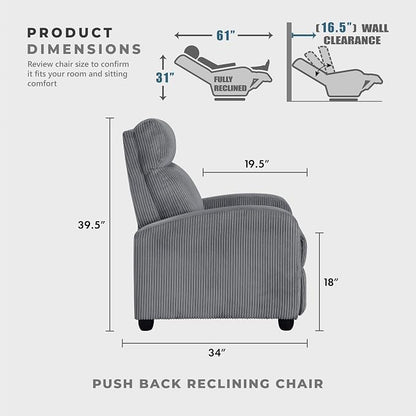Lexicon Corduroy Pushback Recliner Chair Armchair Push Back Recliner, Solid Wood Frame and Metal Base, Easy Assembly Small Soft Single Sofa Accent Chair for Living Room/Office/Apartment, Dark Grey