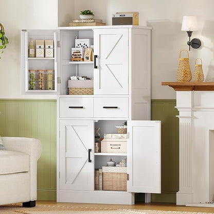 TEENFON Pantry Cabinet with 2 Drawers, Kitchen Storage Cabinet with 4 Door Shelves, Kitchen Pantry for Living Room, Dining Room, Bathroom, White