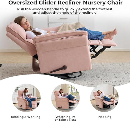 Rocking Chair Nursery with Adjustable Headrest,Manual Swivel Rocker Recliner Nursery Chair with Overstuffed Armrest,Glider Rocker Recliner for Living Room & Bedroom,Pink
