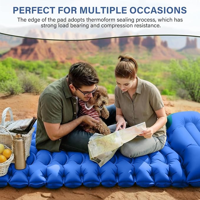 FUN PAC Camping Sleeping Pad with Pillow Built-in Foot Pump Inflatable Sleeping Mat Compact for Camping Backpacking Hiking Traveling - Blue