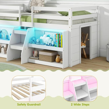 Giantex Twin Loft Bed with LED Lights, Wooden Loft Bed Twin Size with Stairs & Safety Guardrail, Low Loft Bed for Kids with Storage Bookcase and Under-Bed Play Space, White