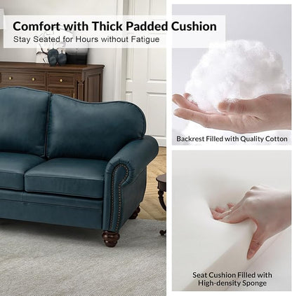 81" Genuine Leather Sofa, Classic 3-Seater Couchs with Wood Legs, Stylish & Comfortable Sofa for Living Room or Office, Easy Assembly and Maintain & Long-Lasting, Turquoise