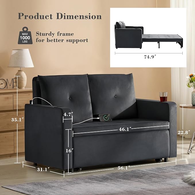 Krcix 3 in 1 Pull Out Couch, 56 Inch Velvet Sofa Bed, Convertible Sleeper Sofa for Living Room, Small Space, Upholstered Loveseat Couch Bed with USB, Cup Holder, Black