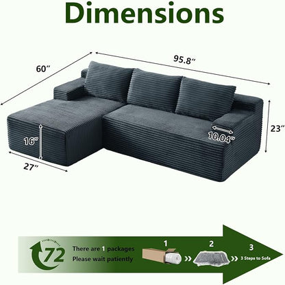 96" Modular Sectional Sofa, Modern Corduroy Cloud Couch, Boneless Couch Upholstered 3-Seater L-Shaped Sofa for Living Room, No Assembly Required (Dark Grey, Left-Facing Chaise)