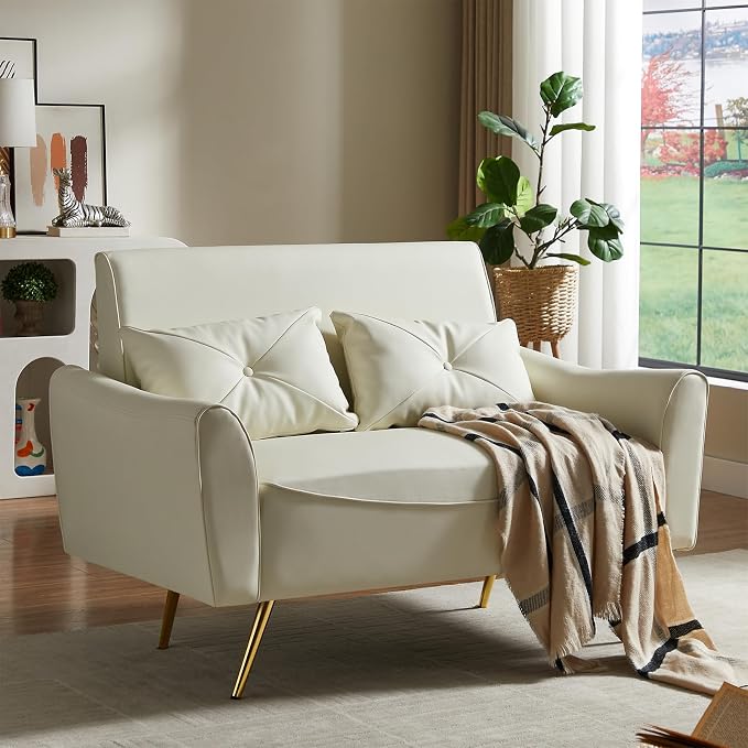 Brelice 47" Faux Leather Loveseat Sofa, Modern Small Couch for Small Space with 2 Pillows, 2 Seater Couch for Living Room, Bedroom, Office, Apartment (Beige)
