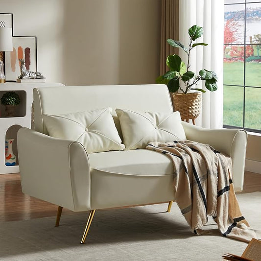 Brelice 47" Faux Leather Loveseat Sofa, Modern Small Couch for Small Space with 2 Pillows, 2 Seater Couch for Living Room, Bedroom, Office, Apartment (Beige)