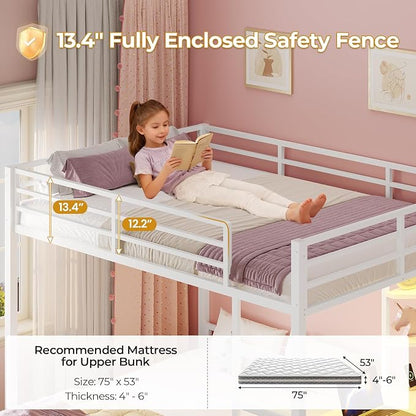 ADORNEVE Bunk Bed with Desk, Full Over Full Bunk Beds with Charging Station & Led Lights, 4 Storage Drawers & 2 Open Storage Shelves, Metal Loft Bed with Safety Guardrail & Ladder for Kids/Teen, White