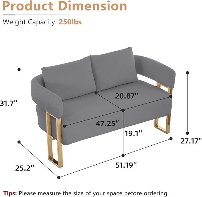 YISHENG Loveseat Sofa and 2 Accent Chairs Comfy Sofa Modern Accent Chairs for Living Room with Golden Legs Teddy Upholstered Reading Armchairs no Wheels for Reception Room//Bedroom/Lounge/Office,Grey