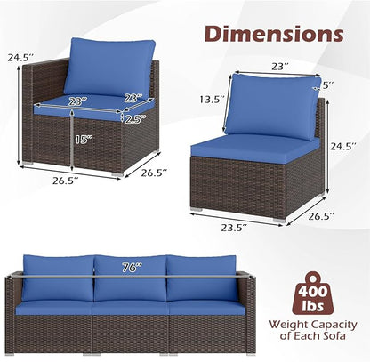 Tangkula 3 Seat Outdoor Wicker Sofa Set, Modular PE Rattan Patio Cushioned Sectional Couch Set, Outside Furniture Set for Deck, Backyard, Porch, Garden & Poolside (Brown-Navy)