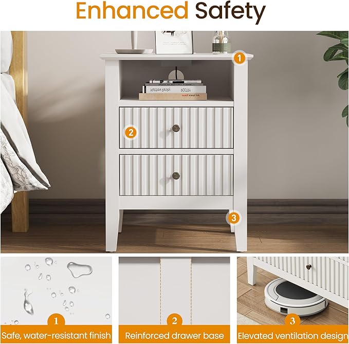 RoyalCraft Fluted Nightstand Set of 2 with Charging Station, White End Table with 2 Silent Slide Drawers & Storage Shelf, Modern Side Table, Wood Night Stand Cabinet for Bedroom