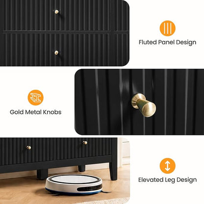 RoyalCraft Fluted Dresser for Bedroom with 9 Drawers, 59" Wide Painted Wooden Chest of Drawers, Modern TV Stand Storage Cabinet for Living Room, Hallway, Black