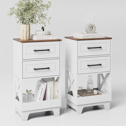 Tall Nightstand Set of 2 Side Table Modern Night Stand with 2 Drawers Wooden Rustic End Table Bedside Table with Upper Open Shelf Solid Feet for Bedroom White+Walnut