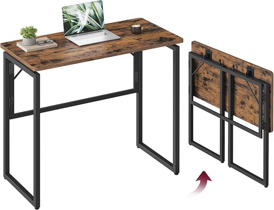 VASAGLE Folding Desk, Foldable Computer Desk, One-Piece Desktop, Rounded Edges, Small Folding Craft Table for Bedroom, Balcony, Camping, Easy Assembly, 31.5 x 15.7 Inches, Rustic Brown ULWD151KD01
