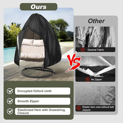 Heavy-Duty Outdoor Egg Chair Cover for Two-Seater - Zippered, UV-Resistant, Windproof, Anti-Oxidation & Anti-Fade Protection for Hanging Wicker Rocker Chairs, 79"x91" (Black)