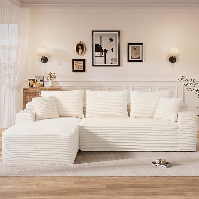108" L Shaped Cloud Boneless Sectional Couches for Living Room, Modern Comfy Modular Deep Seat Memory Foam Compressed Corduroy Sofa Oversized Left Facing Chaise, No Assembly Required, White