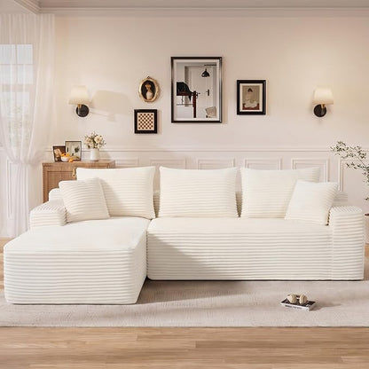 108" L Shaped Cloud Boneless Sectional Couches for Living Room, Modern Comfy Modular Deep Seat Memory Foam Compressed Corduroy Sofa Oversized Left Facing Chaise, No Assembly Required, White