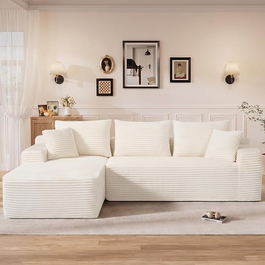 108" L Shaped Cloud Boneless Sectional Couches for Living Room, Modern Comfy Modular Deep Seat Memory Foam Compressed Corduroy Sofa Oversized Left Facing Chaise, No Assembly Required, White