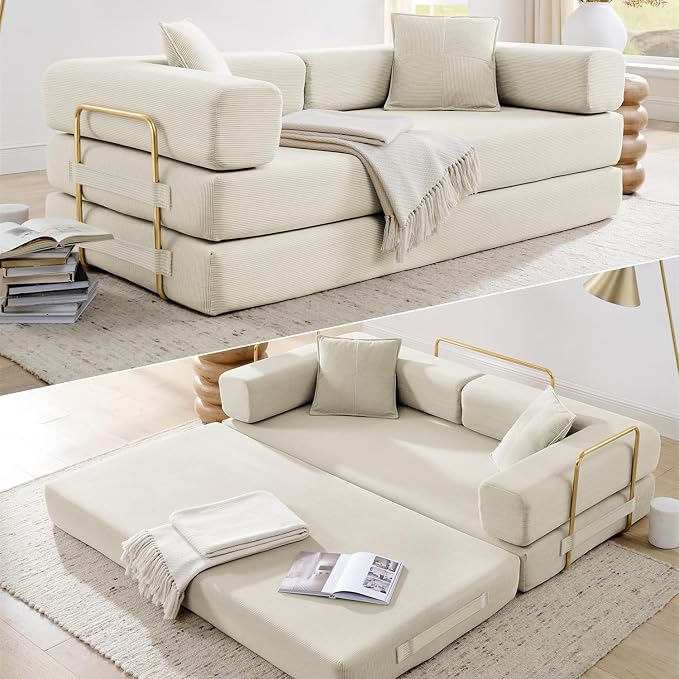 HANXIN 78 Inch Convertible Sleeper Sofa Bed, Folding Floor Mattress Couch with Fixed-Shape Frame, Futon Boneless Couch Lounge Loveseat with Pull Out Bed, No Assembly Required (Beige)